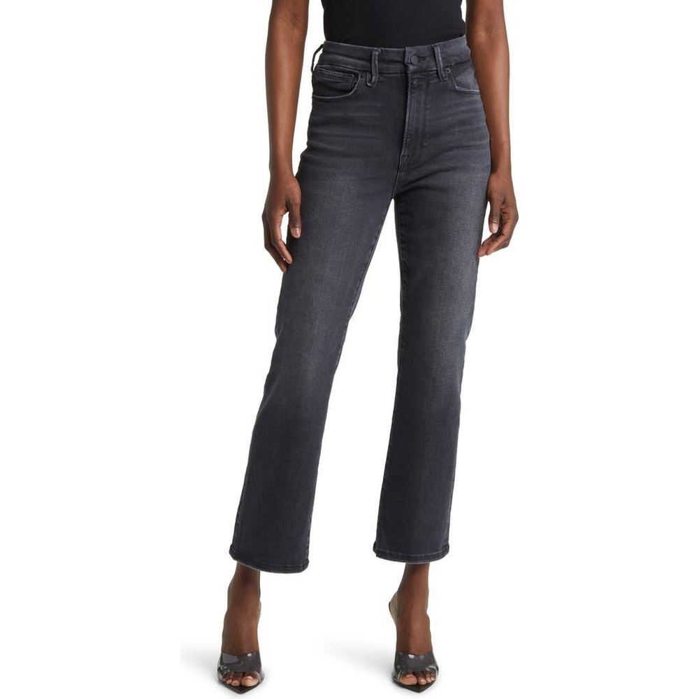 Good American Women's Good Straight Jeans Black184 Stretch Petite HEMMED 4/27